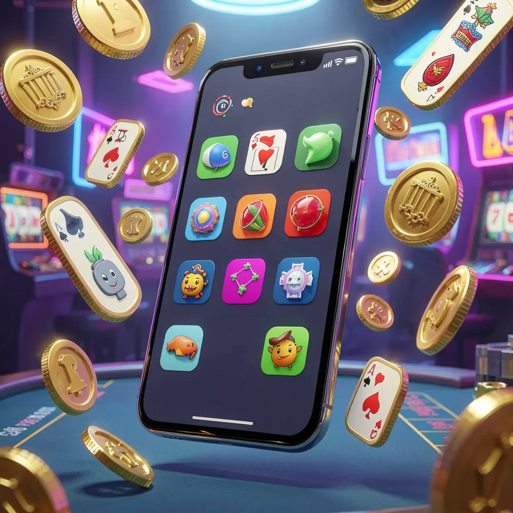 Realistic 3D render of a modern Android phone displaying the 63 BD casino app with golden coins and slot symbols floating around in a neon casino atmosphere