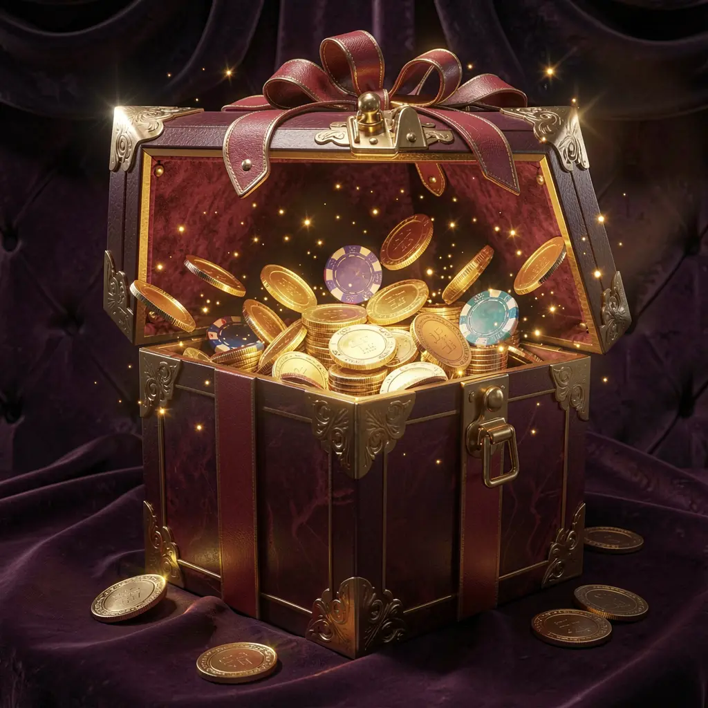 63 BD no deposit casino bonus concept featuring a glowing gift box filled with free casino chips and golden coins against a luxury dark background with magical sparkle effects