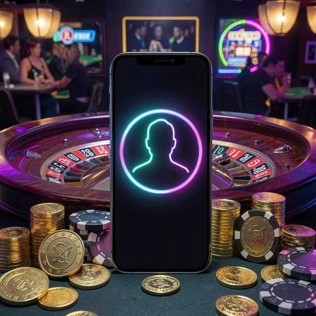 63 BD online casino login hero image featuring a modern phone with a glowing profile icon, roulette lights in the background, golden coins, and poker chips in a premium dark neon atmosphere