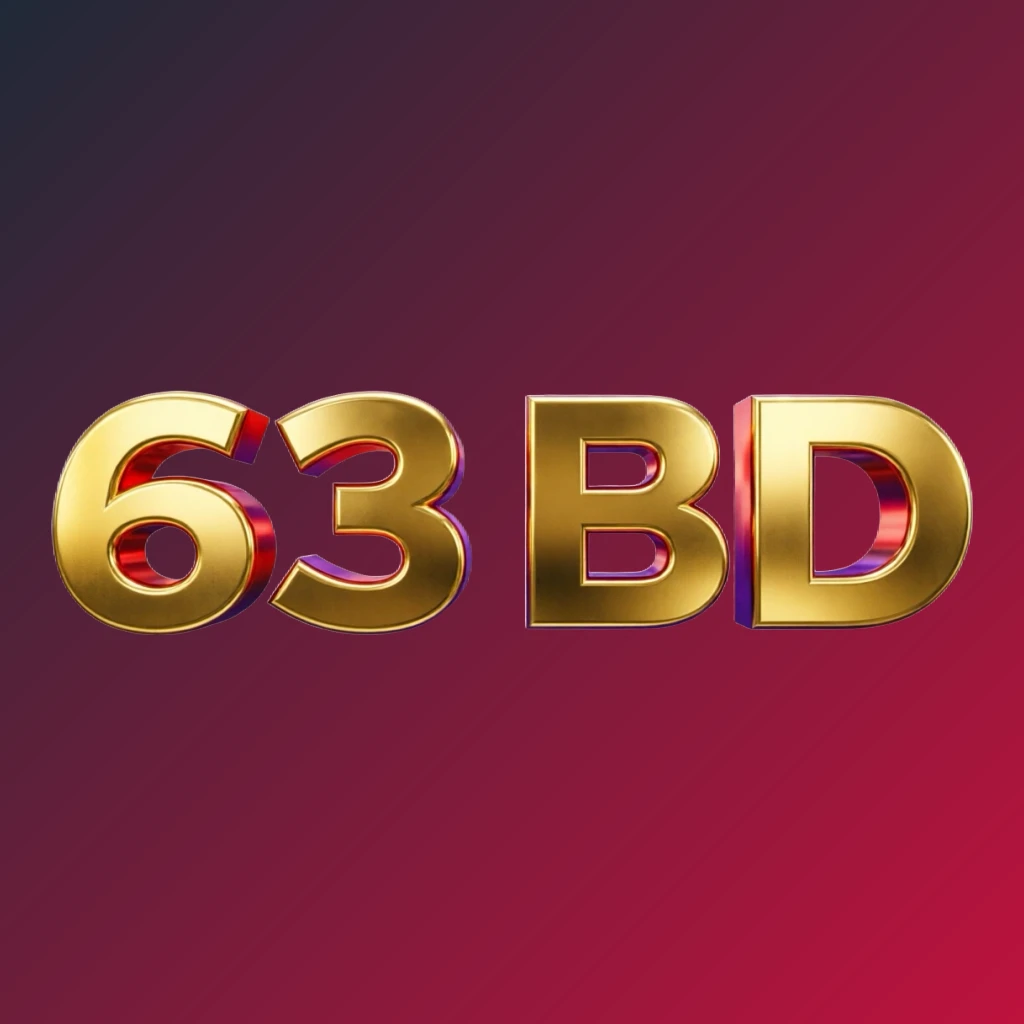 Bright premium 63 BD logo with thick uppercase typography in vivid gold, red, and purple colors, featuring a polished metallic finish and strong visual impact on a transparent background, designed as a horizontal rectangular wordmark logo for website header