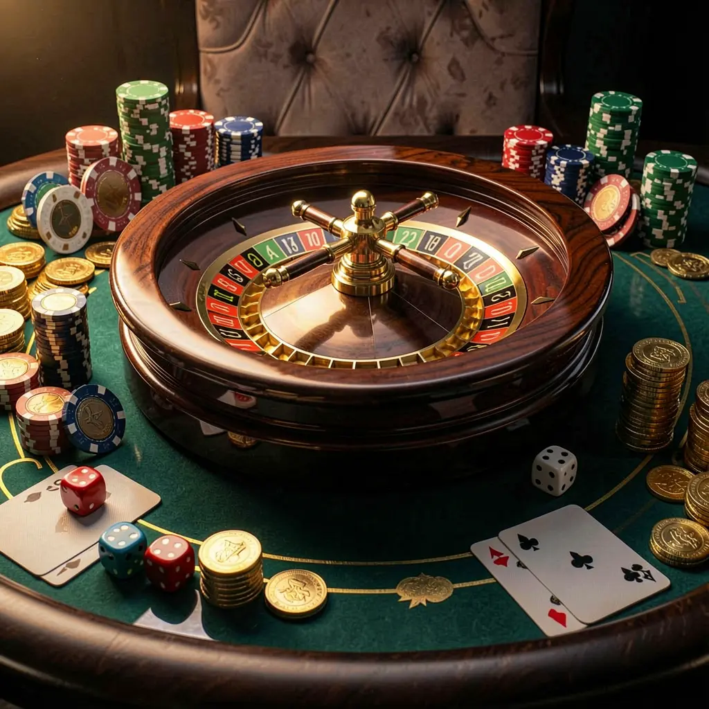 Premium casino homepage scene featuring a roulette wheel spinning on a glossy table with poker chips, dice, cards, and golden coins, set against an elegant dark background with cinematic lighting, showcasing 63 BD's responsible gaming environment